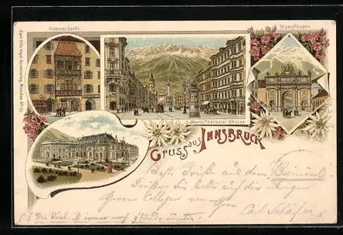 Vorläufer-Lithographie Innsbruck, 1895, Goldenes Dachl, Triumpfbogen, Stadtsäle