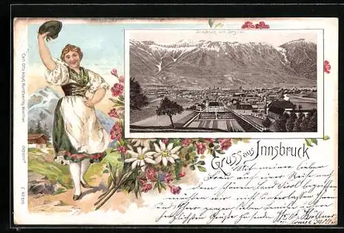 Vorläufer-Lithographie Innsbruck, 1895, Stadtansicht gegen Berg Isel, Frau in Tracht