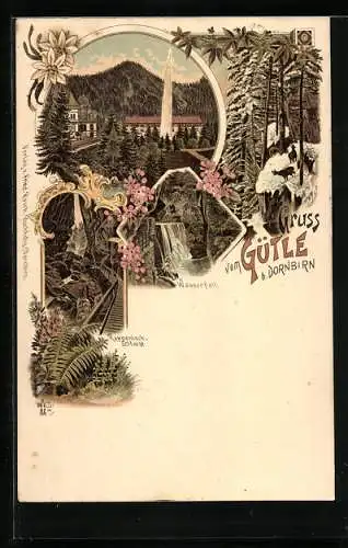 Lithographie Dornbirn, Wasserspiel am Gütle, Rappenlochschlucht mit Wasserfall