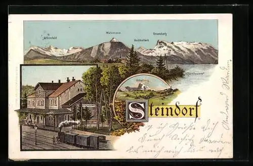 Lithographie Steindorf, Bahnhof mit einfahrendem Zug, Alpen-Panorama
