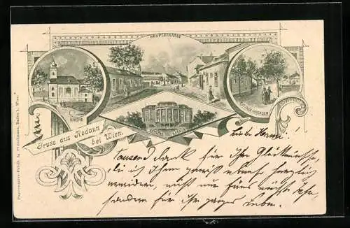 Lithographie Rodaun b. Wien, Schloss, Cottage-Anlagen, Hauptstrasse