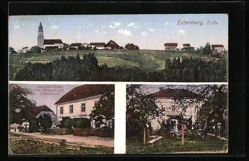 AK Esternberg, Geschäftshaus Joh. Kramer und Volksschule, Pfarrhof