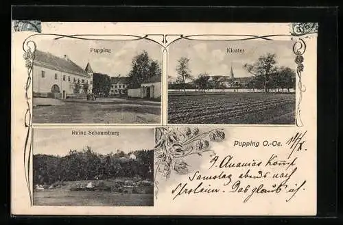 AK Pupping /O.-Oe., Strassenpartie, Ruine Schaumburg, Kloster