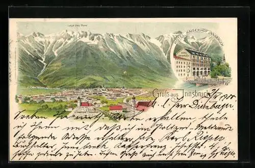 Lithographie Innsbruck, Hotel Kaiserhof, Ortsansicht gegen die Berge