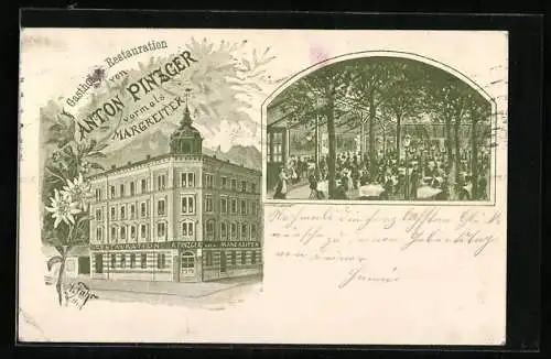 Lithographie Innsbruck, Gasthof u. Restaurant von Anton Pinzger mit Garten