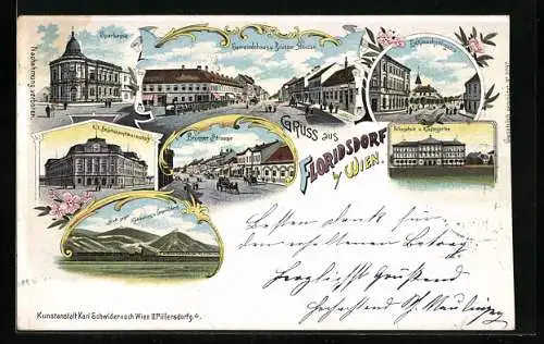 Lithographie Floridsdorf b. Wien, Sparkasse, Gemeindehaus, Brünner Strasse