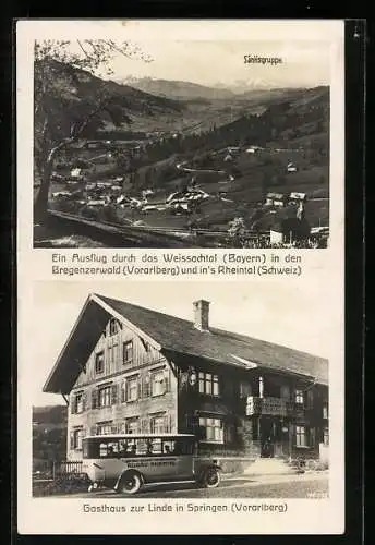 AK Springen /Vorarlberg, Gasthaus zur Linde, Autobus, Ortsansicht mit Säntisgruppe