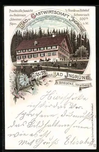 Lithographie Schwarzach /Vorarlberg, Gastwirtschaft Bad Ingrüne