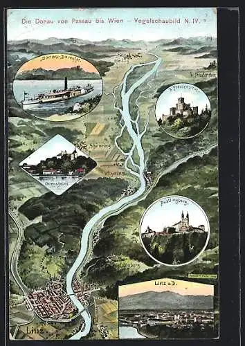 Künstler-AK Eugen Felle: Linz, Landkarte der Donau von Linz bis Eferding, Dampfer, Freudenstein, Pöstlingberg