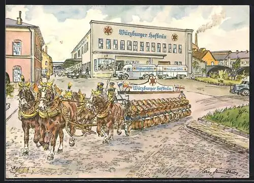 Künstler-AK Würzburg, Brauerei Würzburger Hofbräu und Bierwagen