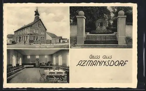 AK Azmannsdorf über Erfurt, Gasthof-Bäckerei O. Börner mit Tanzsaal, Kriegerdenkmal