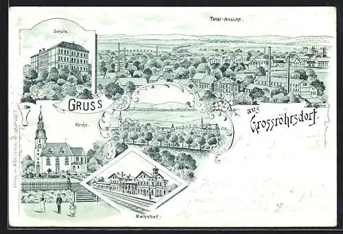 Lithographie Grossröhrsdorf, Schule, Kirche, Bahnhof, Gesamtansicht