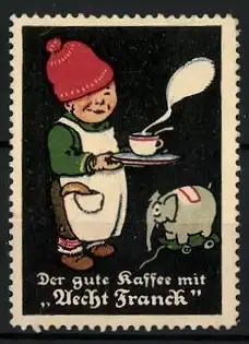 Reklamemarke Aecht Franck Kaffeezusatz, Knabe mit Tasse und Spielzeugelefanten