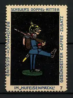 Reklamemarke Scheuer's Doppel-Ritter, im Hufeisenpäckl, Spielzeugsoldat, Bild 7