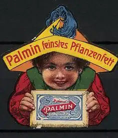 Reklamemarke Palmin - feinstes Pflanzenfett, Bube mit Hut und Margarienschachtel