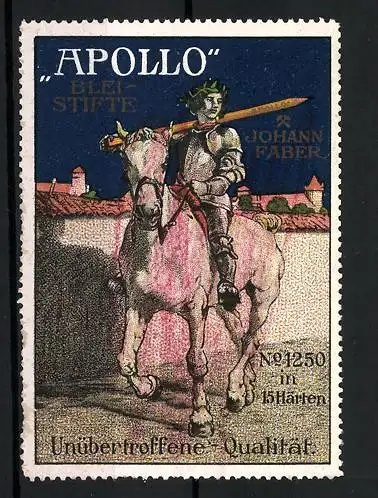 Reklamemarke Apollo Bleistifte, Johann Faber, Ritter mit Bleistift zu Pferd