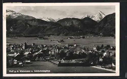 AK Anif, Ortsansicht gegen den Watzmann und Schönfeldspitze