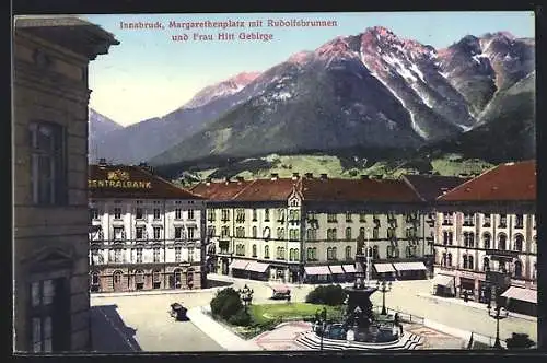 AK Innsbruck, Margarethenplatz mit Rudolfsbrunnen und Frau Hitt Gebirge