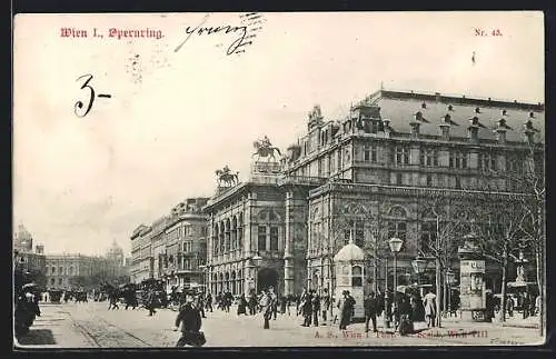 AK Wien, Opernring mit Litfasssäule, Strassenbahn, Pferdekutsche