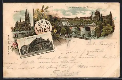 Lithographie Wien, Votiv-Kirche, Hof-Oper, Elisabethbrücke und Karlskirche