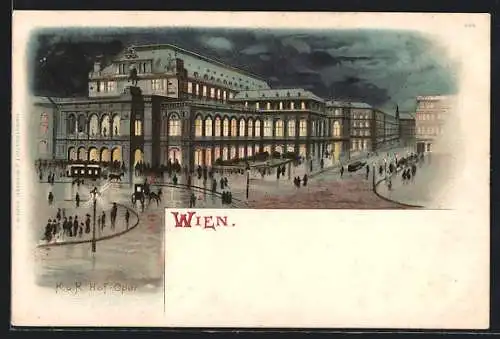 Lithographie Wien, Oper mit Passanten bei Regen