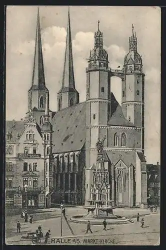 AK Halle a. Saale, Laternenputzer auf dem Marktplatz, Ansicht mit Brunnen und Kirche