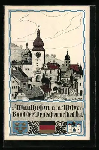 Künstler-AK Waidhofen a. d. Ybbs, Bund der Deutschen in Nieder-Österreich, Teilansicht vom Ort