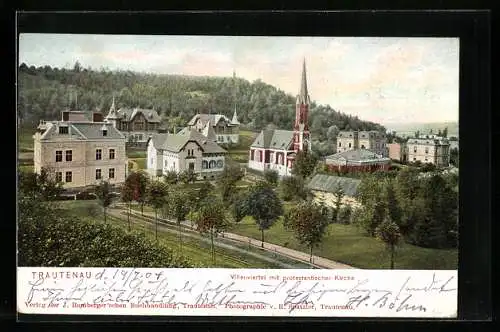 AK Trautenau / Trutnov, Villenviertel mit protestantischer Kirche