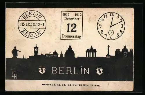 Künstler-AK Berlin, 12. 12. 1912 um 12 Uhr 12 Minuten und 12 Sekunden