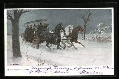 Künstler-AK Wiener Feuerwehr im Jahr 1901 im Schnee