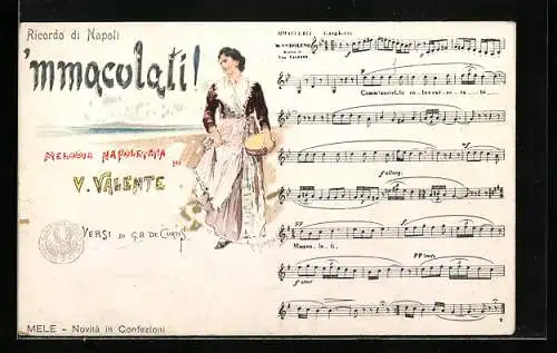 Lithographie Neapel / Napoli, Lied `mmaculati! hübsche Frau mit Taburin