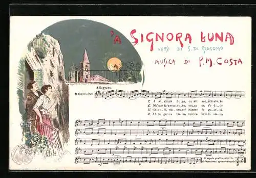 Lithographie Neapel / Napoli, Lied `a Signora Luna, Paar auf dem Balkon