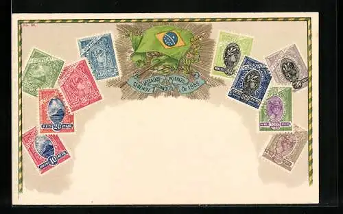 AK Brasilien, Briefmarken, Nationalfahne