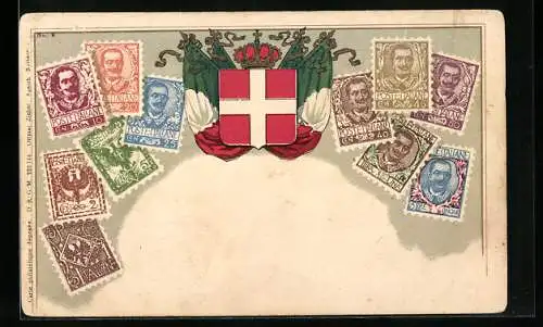 AK Italien, Briefmarken mit Wappen