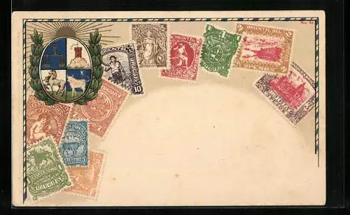 AK Uruguay, Briefmarken, Wappen mit Pferd, Waage, Turm und Büffel