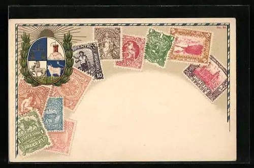 AK Uruguay, Briefmarken, Wappen mit Pferd, Waage, Turm und Büffel