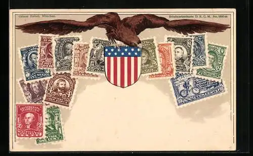 AK amerikanische Briefmarken, Wappen mit Adler