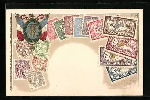 AK Frankreich, Briefmarken & Wappen