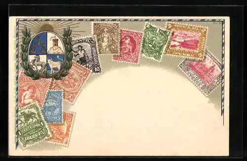 AK Uruguay, Briefmarken, Wappen mit Pferd, Waage, Turm und Büffel