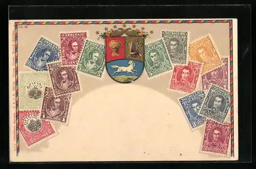 Präge-AK Venezuelanisches Wappen und Briefmarken