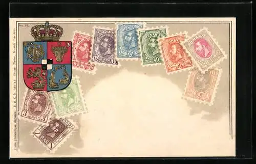 AK Rumänien, Briefmarken mit Wappen, geprägt