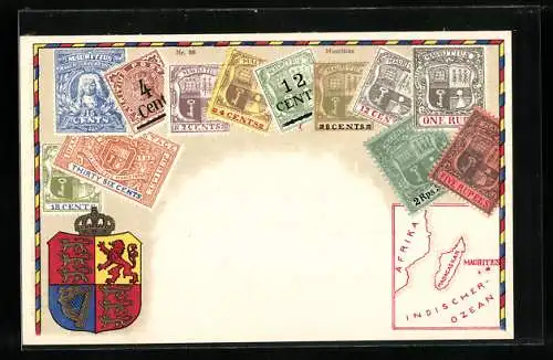 Künstler-AK Mauritius, Briefmarken und Wappen