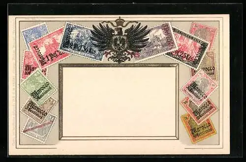 AK Deutsche Kolonien, Briefmarken Marocco mit Adler