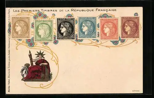 AK Die ersten Briefmarken Frankreichs, Allegorische Figur, Ornamente