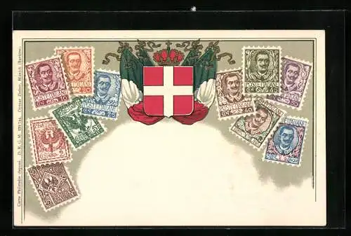 AK Italien, Briefmarken mit Wappen