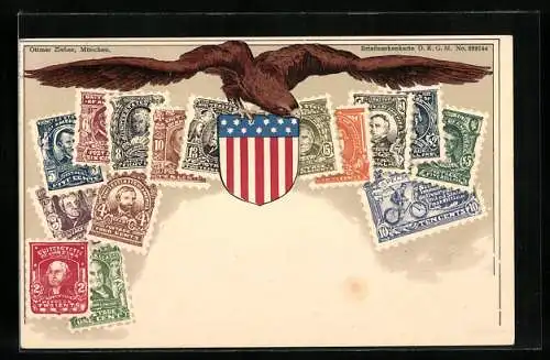 AK Adler mit amerikanischem Wappen nebst Briefmarken