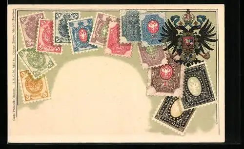 Lithographie Russland, Briefmarken und dopelköpfiger Adler mit Wappen