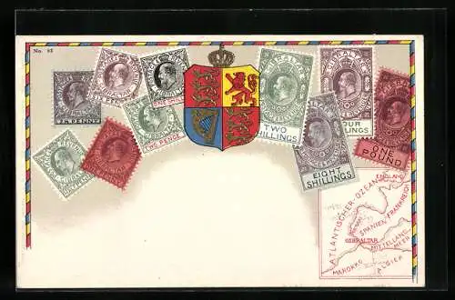 AK Briefmarken, Karte und Wappen von Gibraltar, Krone