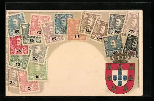 AK Portugische Briefmarken und Wappen