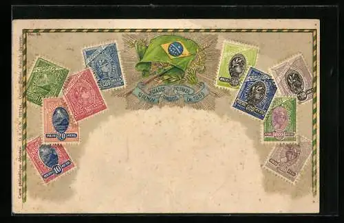 AK Brasilien, Briefmarken, Nationalfahne